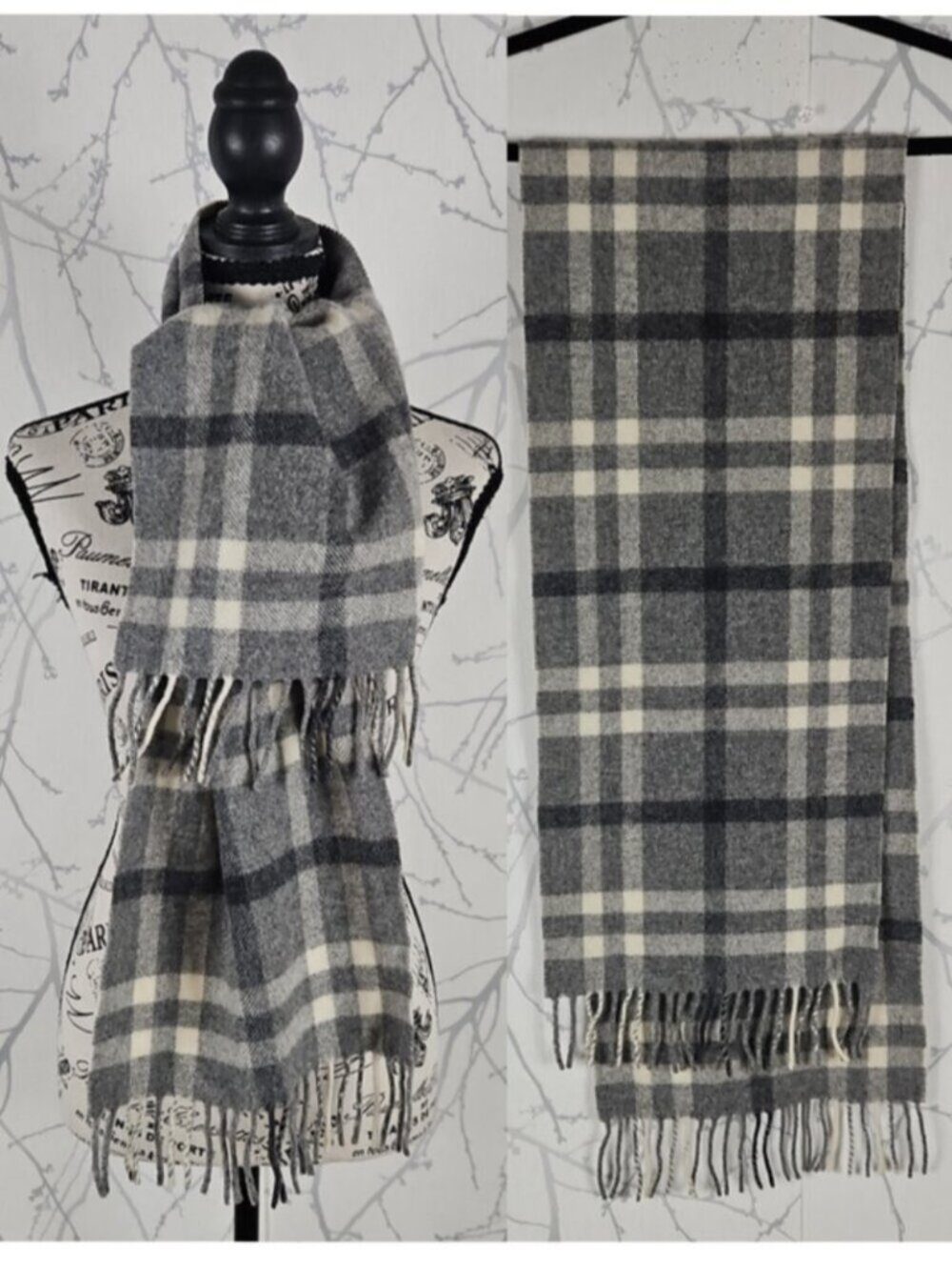 Talbots Gray Plaid Checks 100% Wool Fringe Scarf